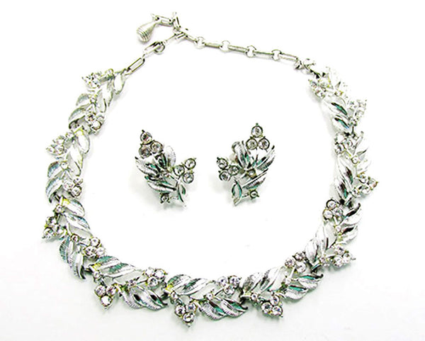 Signed Coro Vintage 1960s Floral Rhinestone Necklace and Earrings Set - Front