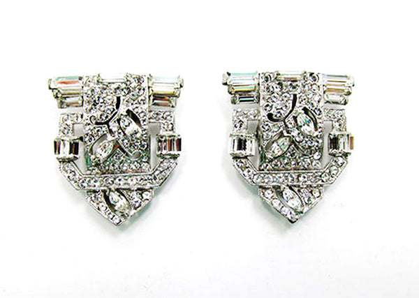 Exceptional Vintage 1930s Art Deco Clear Rhinestone Dress Clips - Front