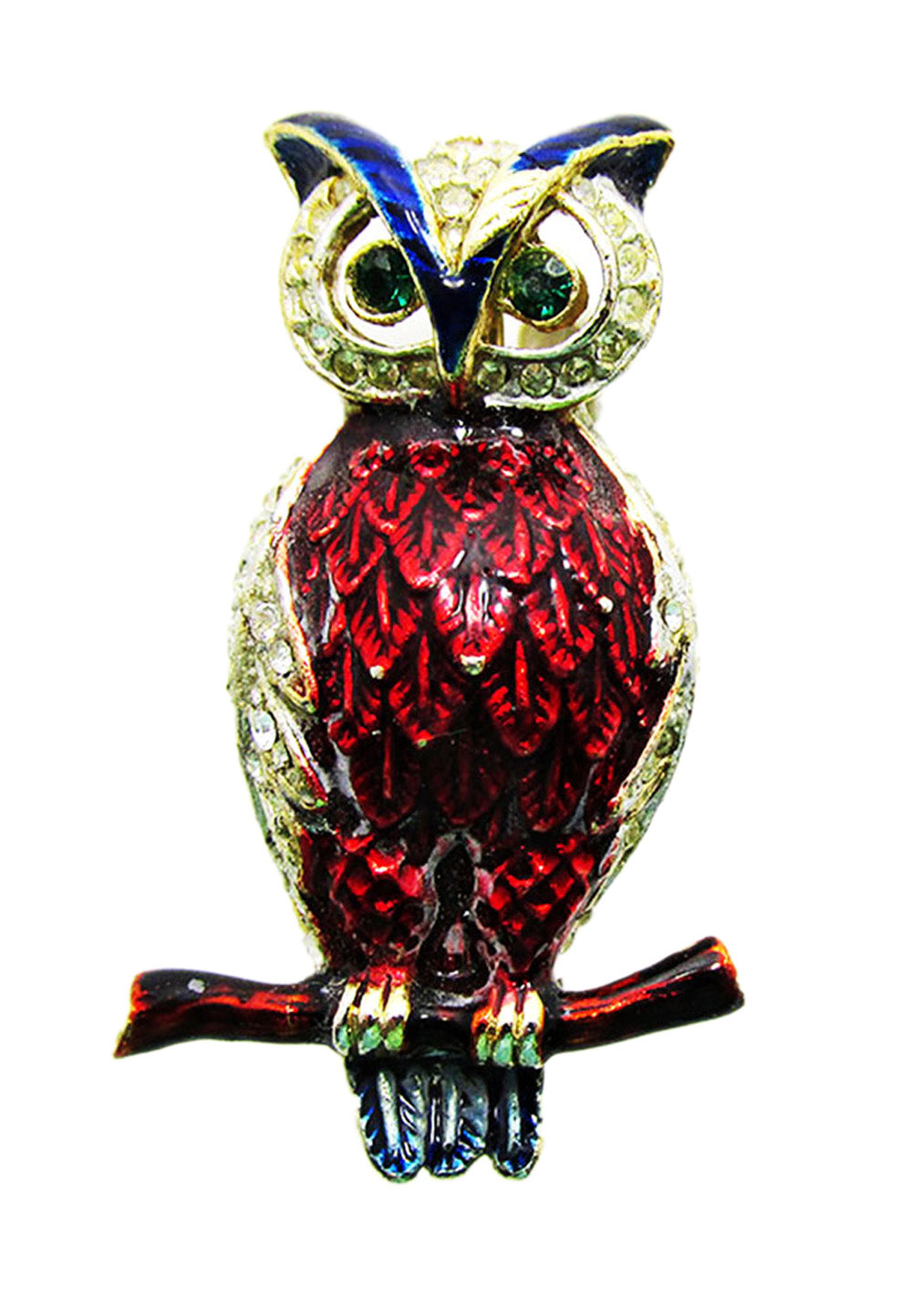 Adorable Vintage 1950s Figural Clear Rhinestone Enameled Owl Pin - Front