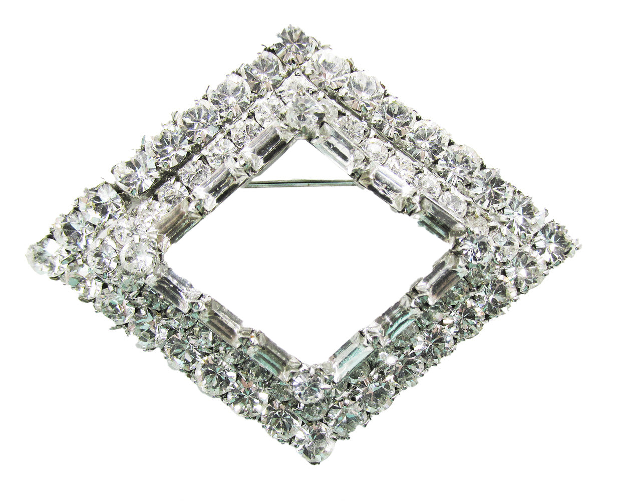 Vintage 1950s Stunning Diamond-Shaped Silver Clear Rhinestone Pin - Front