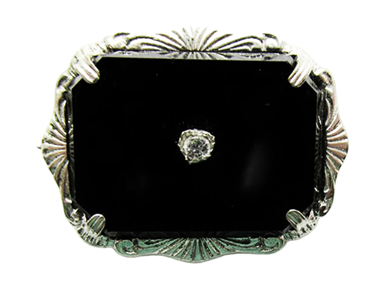 Antique 1920s Art Deco Dainty Onyx and Rhinestone Silver-Tone Pin