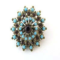 Captivating 1950s Vintage Retro Turquoise and Amethyst Gold Pin - Front - Thumbnail
