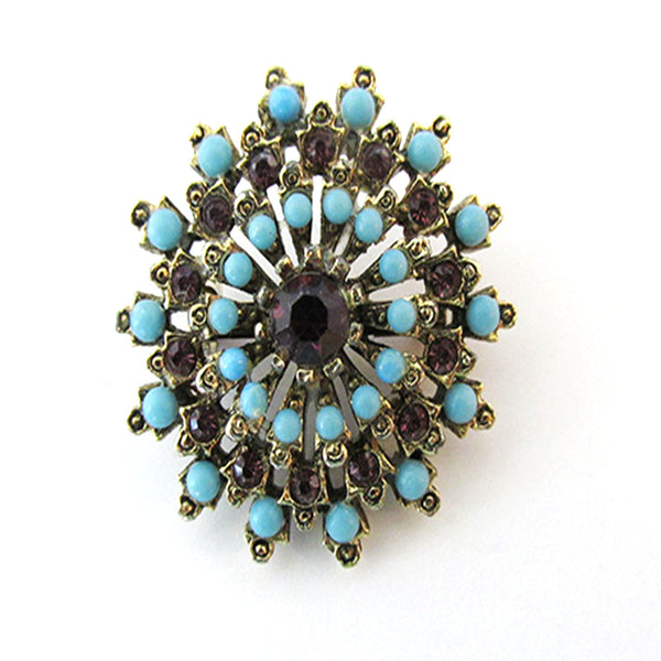 Captivating 1950s Vintage Retro Turquoise and Amethyst Gold Pin - Front
