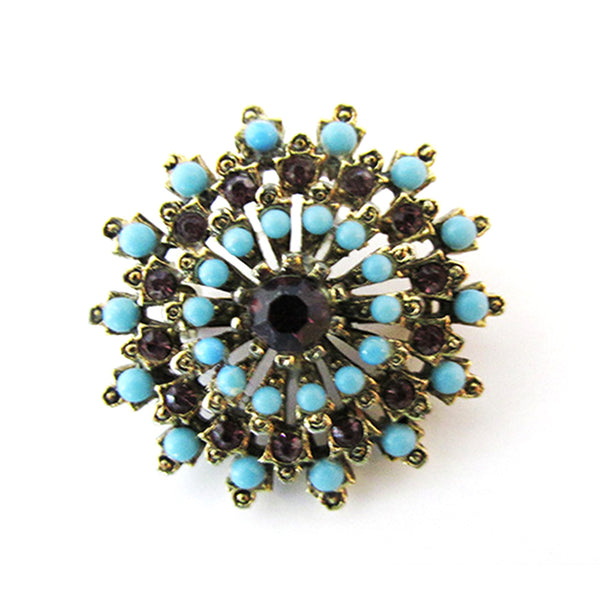 Captivating 1950s Vintage Retro Turquoise and Amethyst Gold Pin - Front Close Up