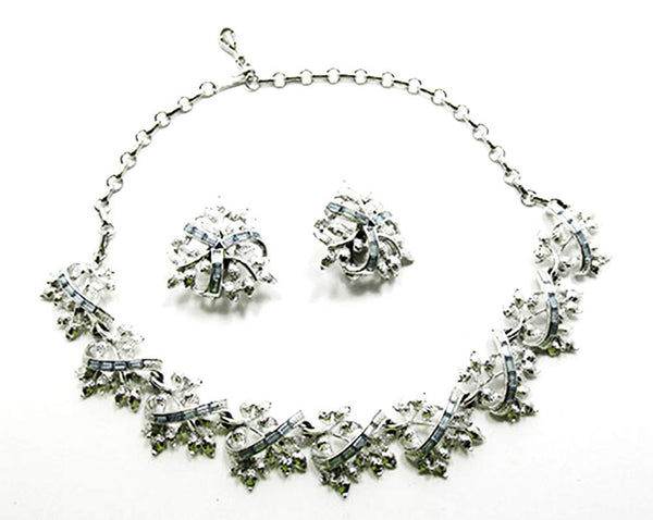 Signed Coro 1950s Vintage Sapphire Rhinestone Necklace and Earrings - Set Front