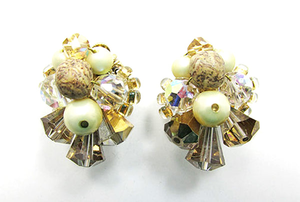 Signed Vendome Vintage 1970s Crystal, Bead, and Pearl Earrings - Front