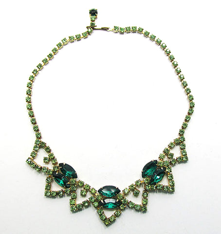 Vintage 1950s Mid-Century Emerald and Peridot Rhinestone Necklace - Front