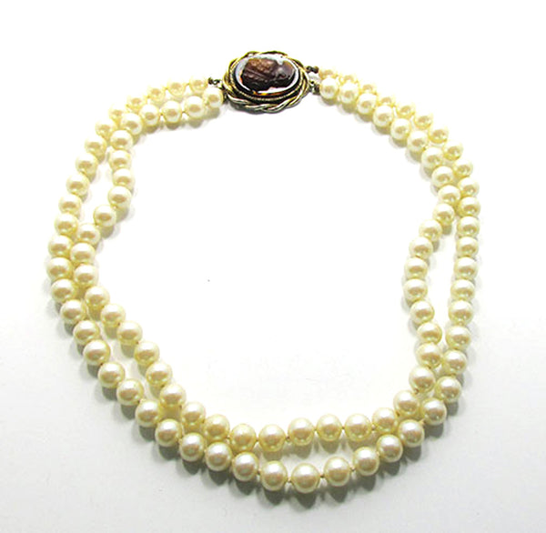Whiting and Davis Vintage 1950s Pearls with a Cameo Necklace - Front