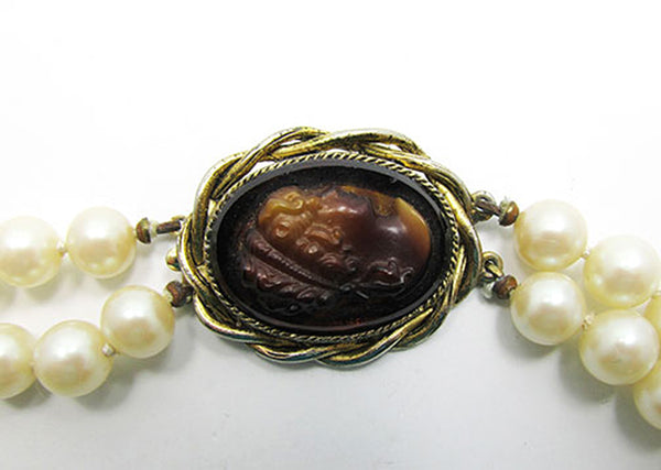 Whiting and Davis Vintage 1950s Pearls with a Cameo Necklace - Cameo Front