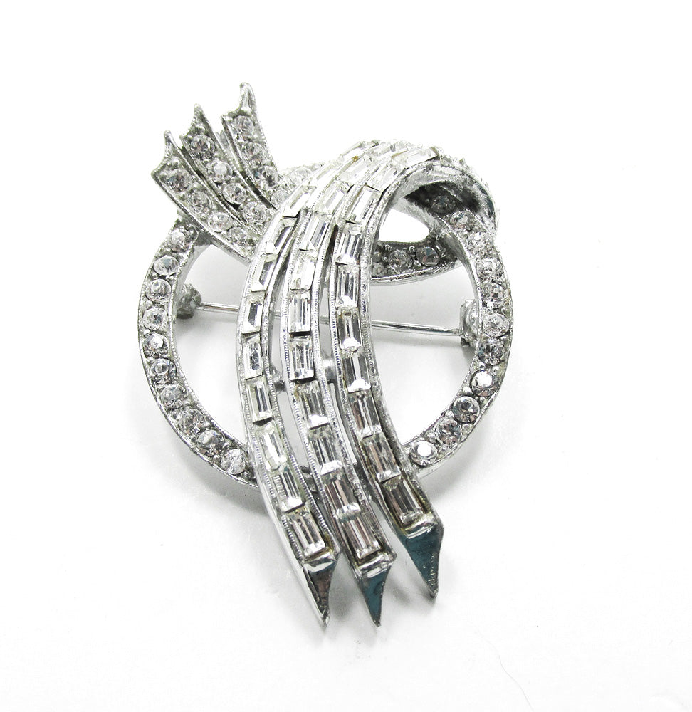 1950s Signed Pell Vintage Designer Clear Rhinestone and Silver Pin - Front