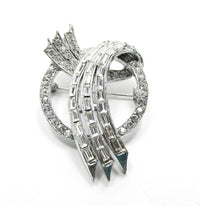 1950s Signed Pell Vintage Designer Clear Rhinestone and Silver Pin - Front - Thumbnail