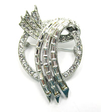 1950s Signed Pell Vintage Designer Clear Rhinestone and Silver Pin - Front - Thumbnail