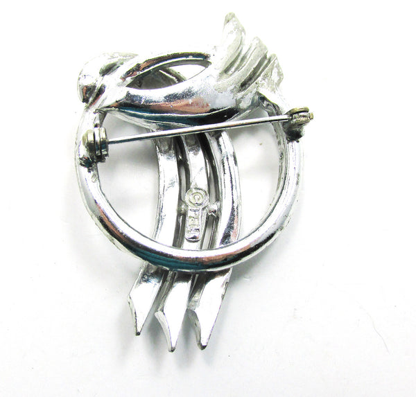1950s Signed Pell Vintage Designer Clear Rhinestone and Silver Pin - Back and Signature