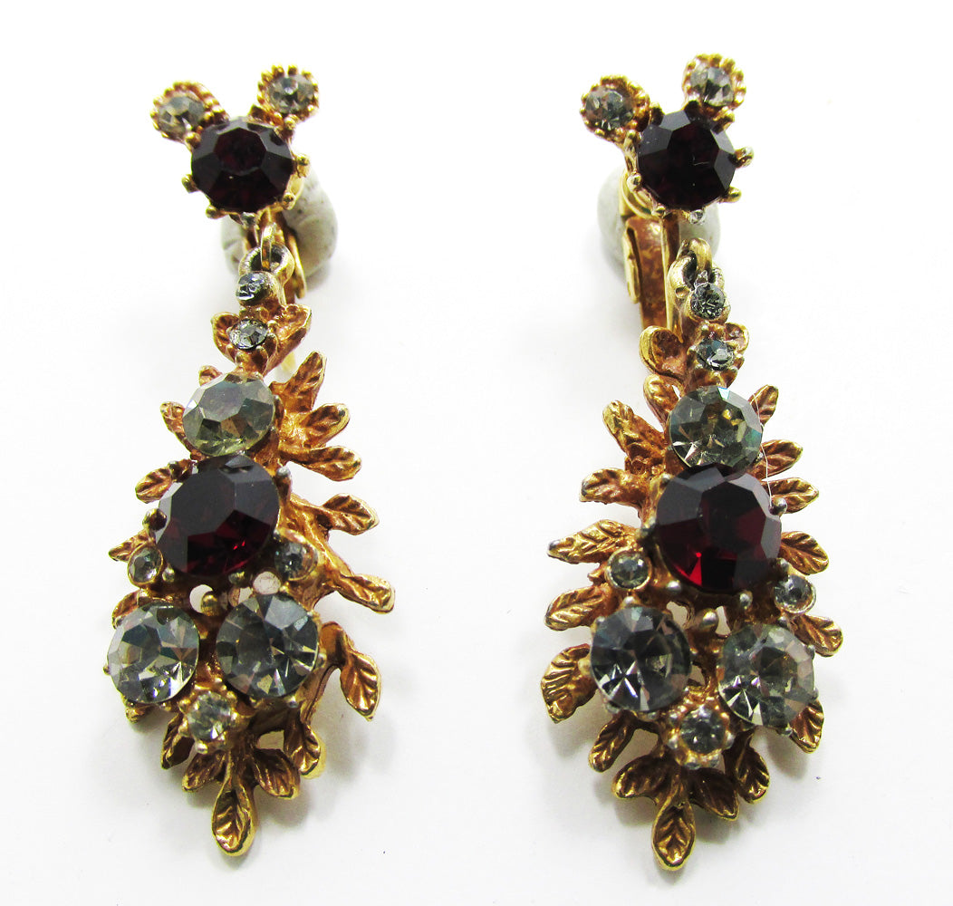 BSK Vintage 1950s Black Diamond and Red Rhinestone Glamour Earrings - Front