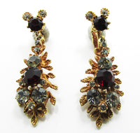 BSK Vintage 1950s Black Diamond and Red Rhinestone Glamour Earrings - Front - Thumbnail