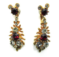 BSK Vintage 1950s Black Diamond and Red Rhinestone Glamour Earrings - Front - Thumbnail