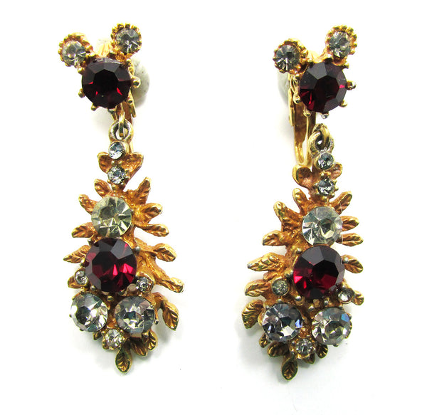 BSK Vintage 1950s Black Diamond and Red Rhinestone Glamour Earrings - Front
