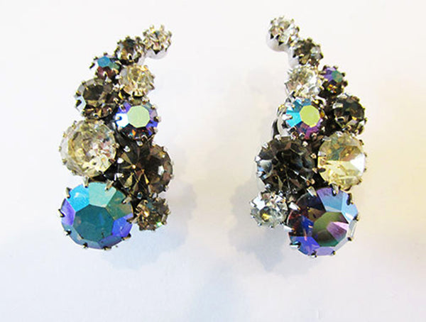 Signed Karu Arke Vintage 1950s Multicolored Rhinestone Earrings - Front