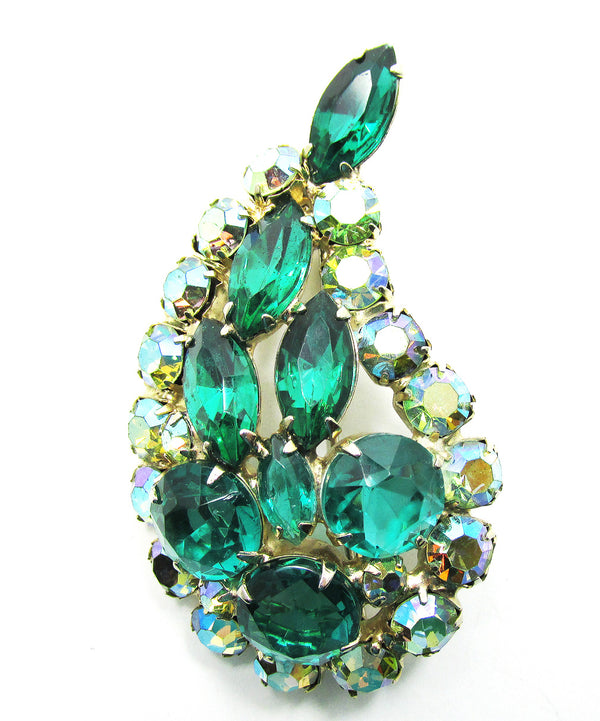 1950s Vintage Emerald Green and Aurora Borealis Rhinestone Pin - Front