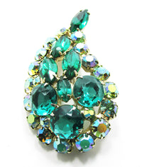 1950s Vintage Emerald Green and Aurora Borealis Rhinestone Pin - Close Up - Thumbnail