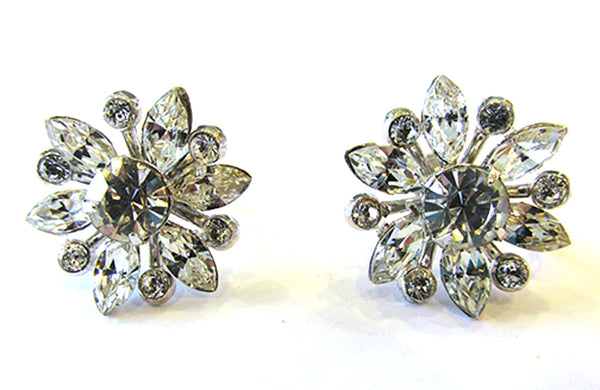 Coro Vintage 1950s Mid-Century Clear Rhinestone Floral Earrings - Front