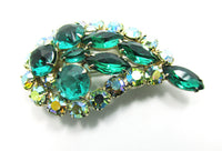 1950s Vintage Emerald Green and Aurora Borealis Rhinestone Pin - Front - Thumbnail