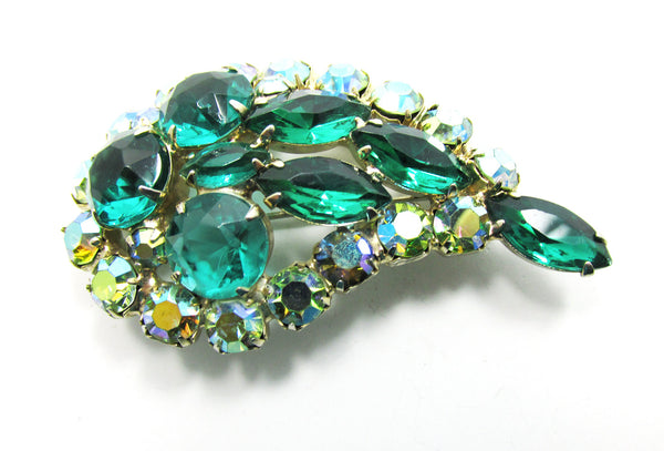 1950s Vintage Emerald Green and Aurora Borealis Rhinestone Pin - Front