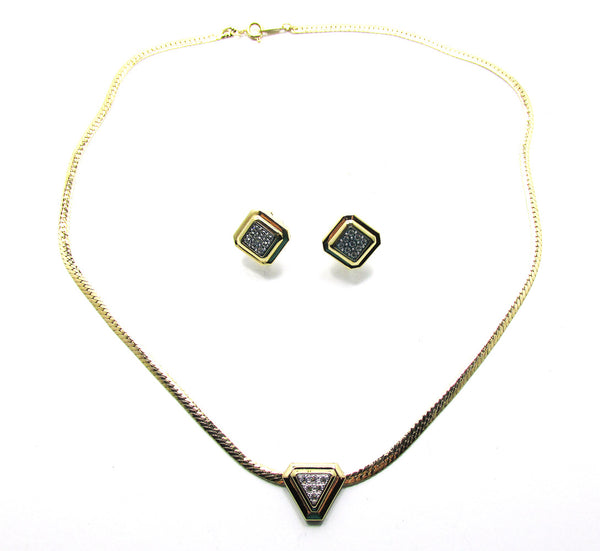 Signed Avon 1960s Vintage Geometric Rhinestone Necklace and Earrings - Front