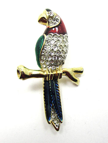 1970s Adorable Vintage Figural Enamel and Rhinestone Parrot Pin - Front