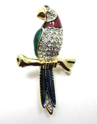 1970s Adorable Vintage Figural Enamel and Rhinestone Parrot Pin - Front Close Up - Thumbnail