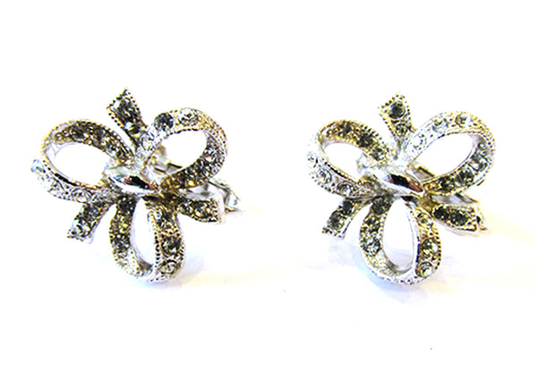 Hedy Vintage 1960s Dainty Clear Rhinestone and Silver Bow Earrings - Front
