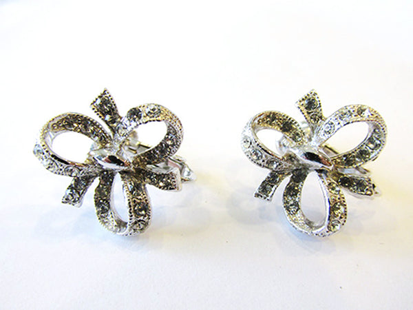Hedy Vintage 1960s Dainty Clear Rhinestone and Silver Bow Earrings - Front