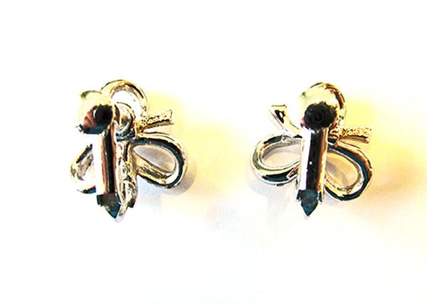 Hedy Vintage 1960s Dainty Clear Rhinestone and Silver Bow Earrings - Back