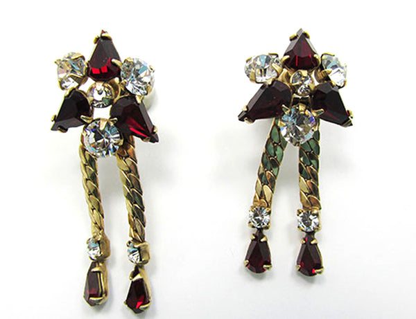 M&S Vintage 1950s Red and Clear Rhinestone Gold-Filled Drop Earrings - Front