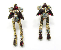 M&S Vintage 1950s Red and Clear Rhinestone Gold-Filled Drop Earrings - Front - Thumbnail