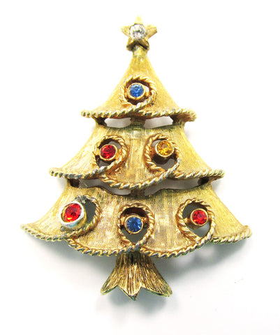 JJ Vintage 1950s Multicolor Rhinestone Gold-Toned Christmas Tree Pin - Front