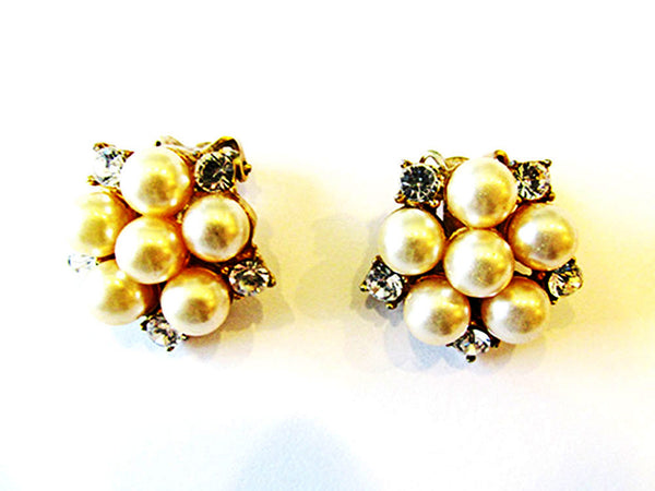 Vintage 1950s Clear Rhinestone and Pearl Gold-Toned Earrings - Front