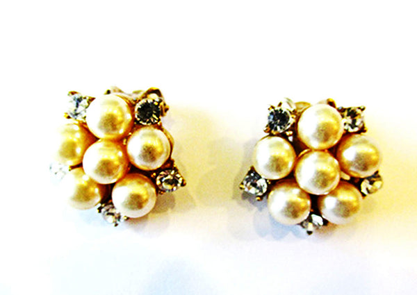 Vintage 1950s Clear Rhinestone and Pearl Gold-Toned Earrings - Front