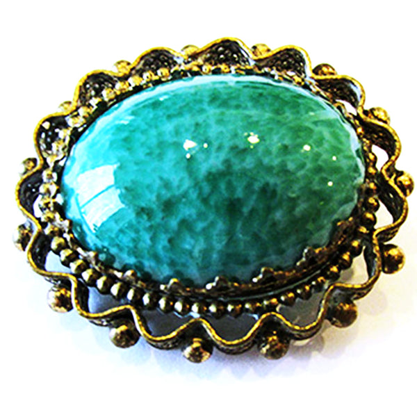 Signed West German Vintage 1950s Turquoise-Colored Cabochon Pin - Front