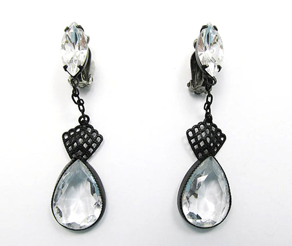 Lewis Segal Vintage 1950s Designer Clear Rhinestone Drop Earrings - Front