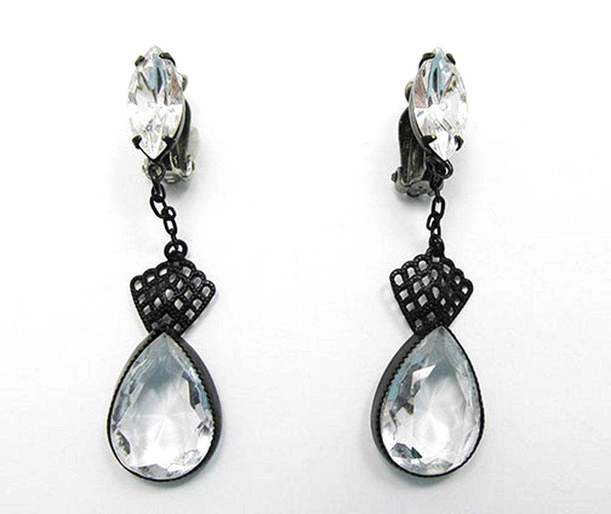 Lewis Segal Vintage 1950s Designer Clear Rhinestone Drop Earrings - Front
