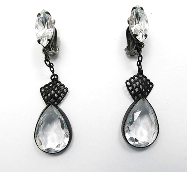 Lewis Segal Vintage 1950s Designer Clear Rhinestone Drop Earrings - Front