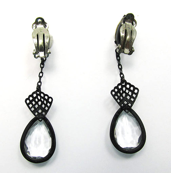 Lewis Segal Vintage 1950s Designer Clear Rhinestone Drop Earrings - Back