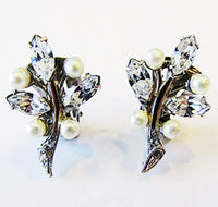 Vintage 1950s Diamante and Pearl Floral Clip-On Earrings - Front - Thumbnail