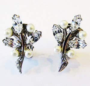 Vintage 1950s Diamante and Pearl Floral Clip-On Earrings - Front