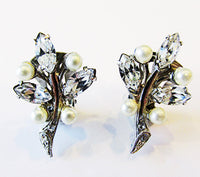 Vintage 1950s Diamante and Pearl Floral Clip-On Earrings - Front - Thumbnail