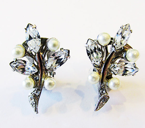Vintage 1950s Diamante and Pearl Floral Clip-On Earrings - Front