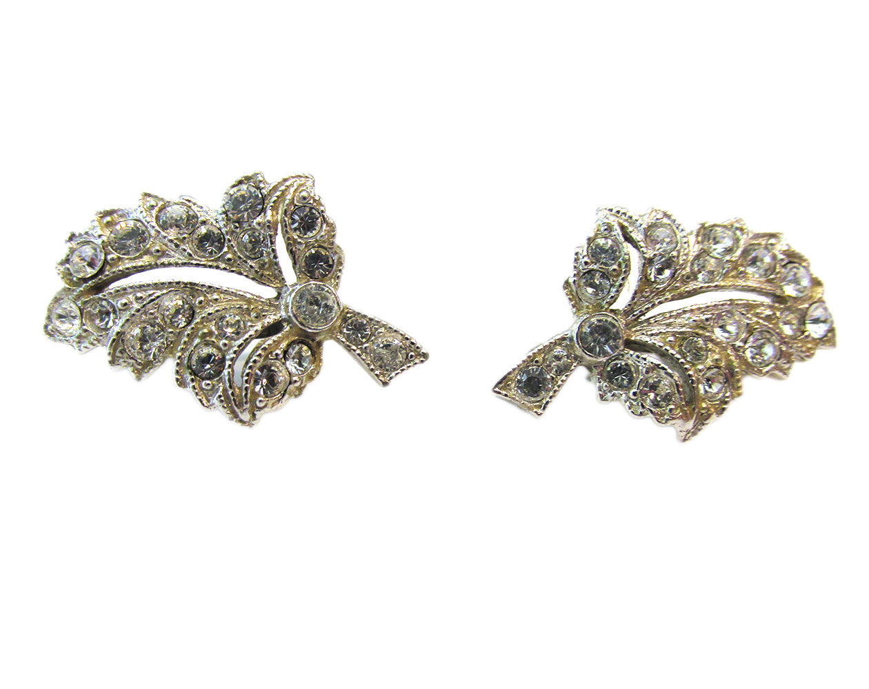 Signed Ora Vintage 1950s Clear Rhinestone Silver Leaf Scatter Pins - Front
