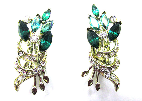 Vintage 1950s Mid-Century Emerald-Green Rhinestone Floral Earrings - Front