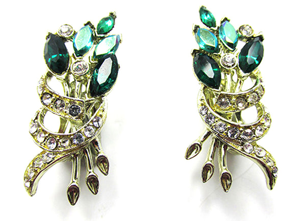 Vintage 1950s Mid-Century Emerald-Green Rhinestone Floral Earrings  Front